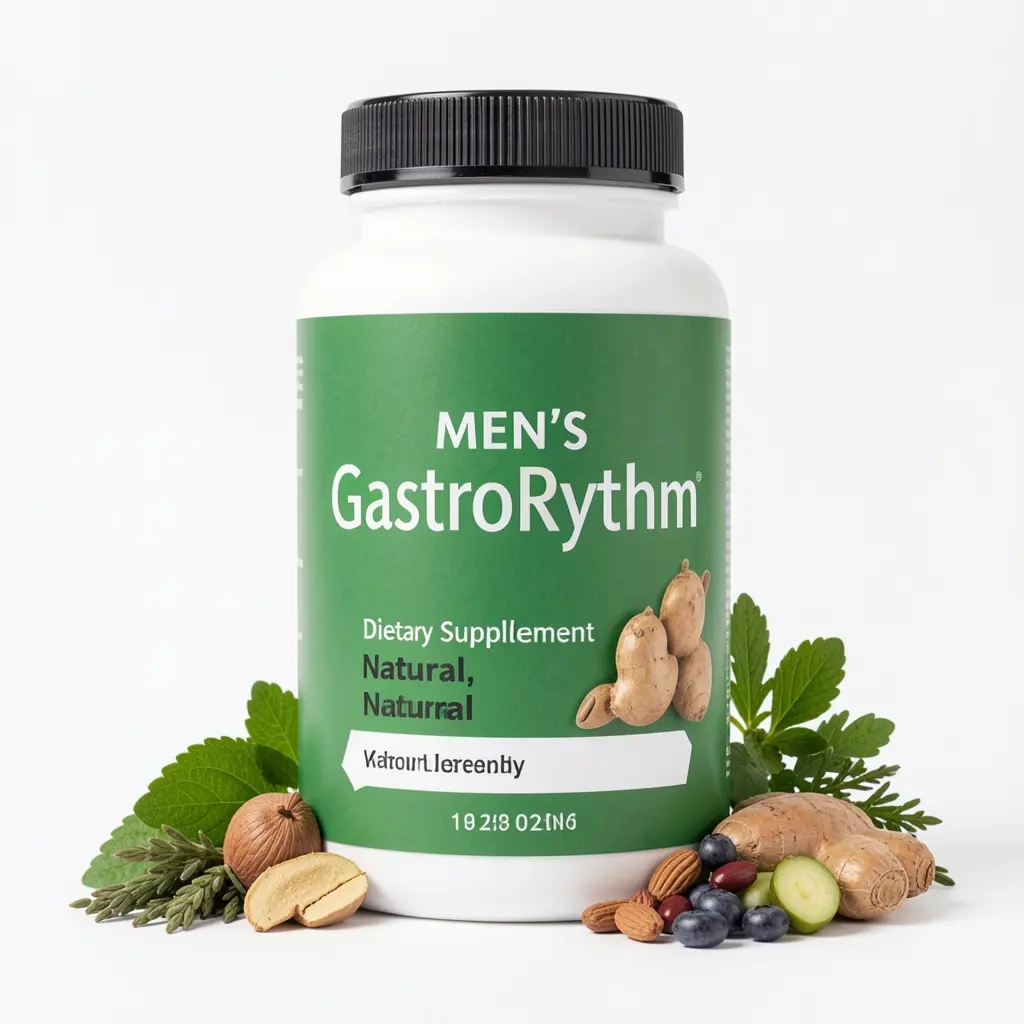 Men's GastroRhythm dietary supplement bottle with natural ingredients displayed on a clean white background
